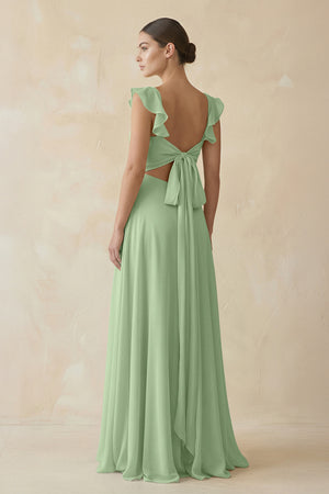 Matcha Ruffled Chiffon A-Line Long Bridesmaid Dress (2) | KISSBRIDAL