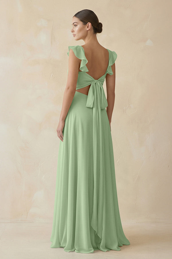 Matcha Ruffled Chiffon A-Line Long Bridesmaid Dress (2) | KISSBRIDAL