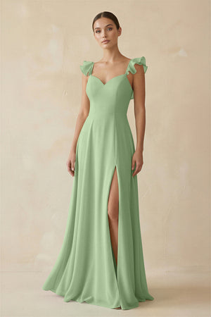 Matcha Ruffled Chiffon A-Line Long Bridesmaid Dress | KISSBRIDAL