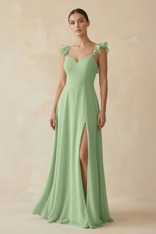 Matcha Ruffled Chiffon A-Line Long Bridesmaid Dress | KISSBRIDAL