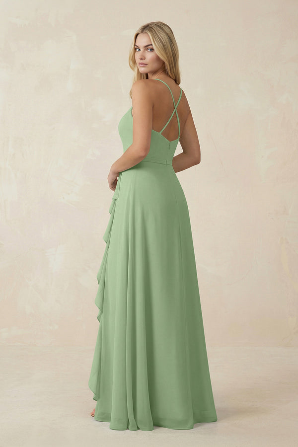 Matcha Ruffled Hem A-Line Chiffon Bridesmaid Dress (2) | KISSBRIDAL