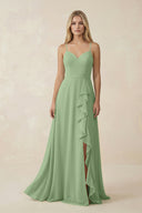 Matcha Ruffled Hem A-Line Chiffon Bridesmaid Dress | KISSBRIDAL