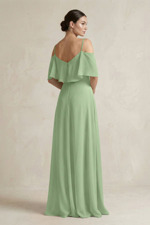 Matcha Ruffled Off-the-Shoulder A-Line Chiffon Bridesmaid Gown (2) | KISSBRIDAL