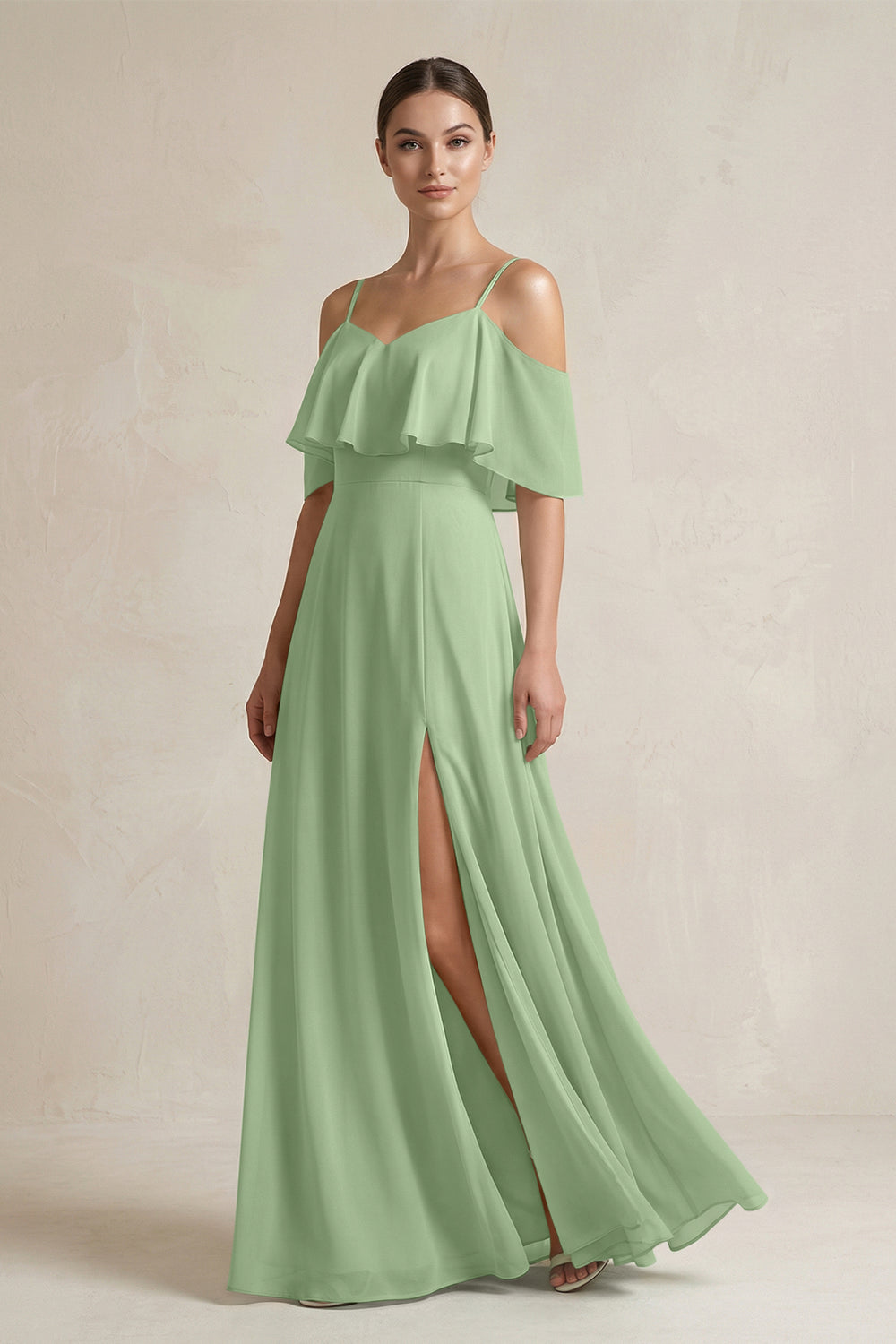 Ruffled Off-the-Shoulder A-Line Chiffon Bridesmaid Gown in Matcha