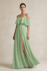 Matcha Ruffled Off-the-Shoulder A-Line Chiffon Bridesmaid Gown | KISSBRIDAL