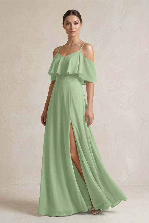Matcha Ruffled Off-the-Shoulder A-Line Chiffon Bridesmaid Gown | KISSBRIDAL