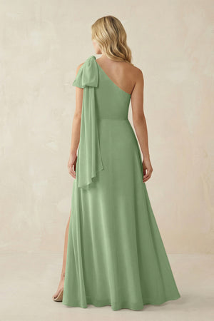 Matcha Ruffled One Shoulder Chiffon Bridesmaid Dress With Slit in Matcha (2) | KISSBRIDAL