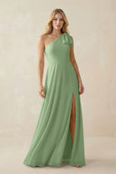 Matcha Ruffled One Shoulder Chiffon Bridesmaid Dress With Slit in Matcha | KISSBRIDAL