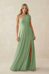 Matcha Ruffled One Shoulder Chiffon Bridesmaid Dress With Slit in Matcha | KISSBRIDAL