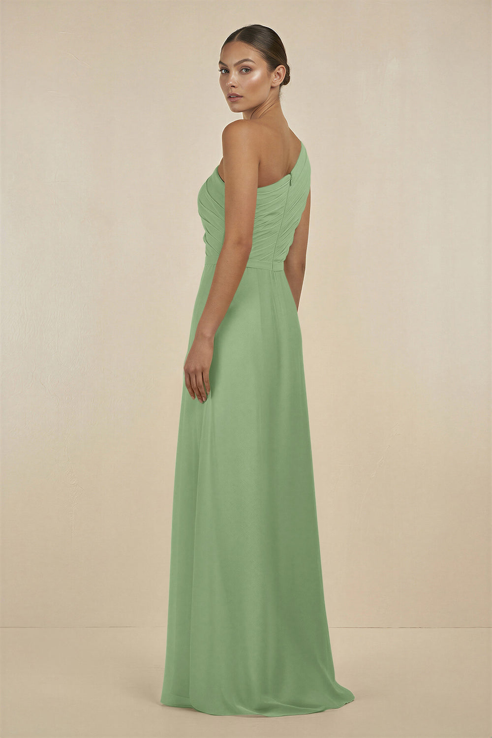 Ruffled One-Shoulder Pleated Sheath Bridesmaid Dress in Matcha