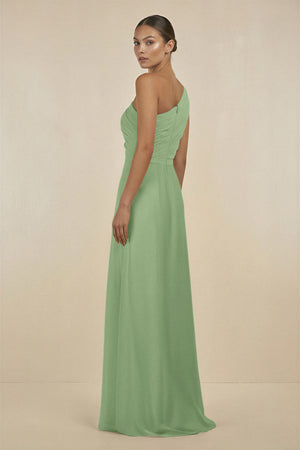 Matcha Ruffled One-Shoulder Pleated Sheath Bridesmaid Dress (2) | KISSBRIDAL