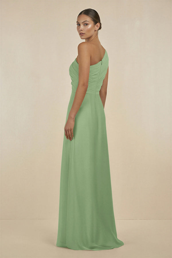 Matcha Ruffled One-Shoulder Pleated Sheath Bridesmaid Dress (2) | KISSBRIDAL