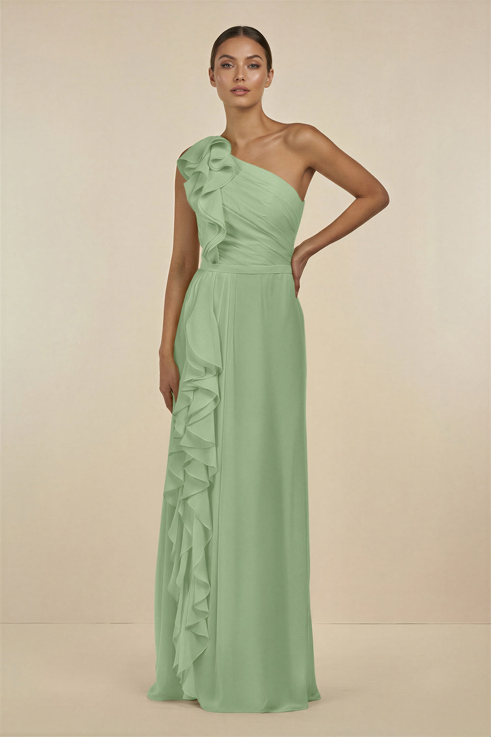 Ruffled One-Shoulder Pleated Sheath Bridesmaid Dress in Matcha