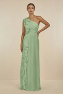Matcha Ruffled One-Shoulder Pleated Sheath Bridesmaid Dress | KISSBRIDAL