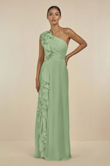 Matcha Ruffled One-Shoulder Pleated Sheath Bridesmaid Dress | KISSBRIDAL