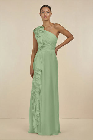 Matcha Ruffled One-Shoulder Pleated Sheath Bridesmaid Dress | KISSBRIDAL