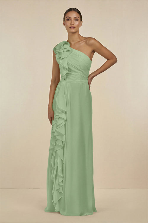 Matcha Ruffled One-Shoulder Pleated Sheath Bridesmaid Dress | KISSBRIDAL