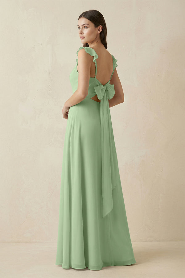 Matcha Ruffled Sleeve A-Line Chiffon Bridesmaid Dress (2) | KISSBRIDAL