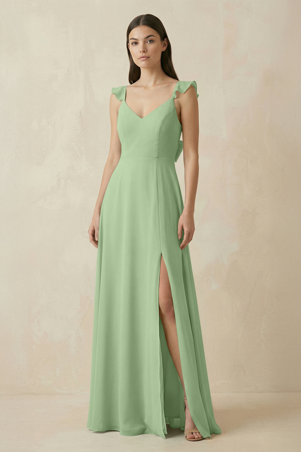 Ruffled Sleeve A-Line Chiffon Bridesmaid Dress in Matcha