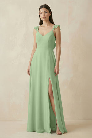 Matcha Ruffled Sleeve A-Line Chiffon Bridesmaid Dress | KISSBRIDAL
