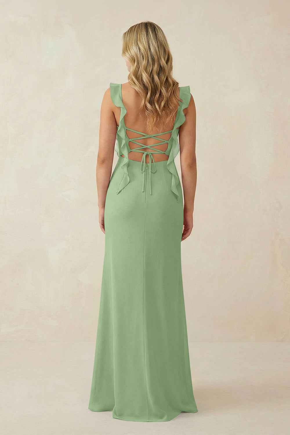 Ruffled Sleeve Ruched Sheath Chiffon Bridesmaid Dress in Matcha