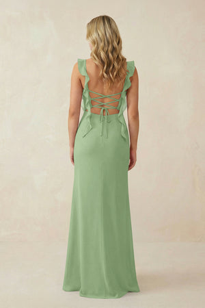 Matcha Ruffled Sleeve Ruched Sheath Chiffon Bridesmaid Dress (2) | KISSBRIDAL