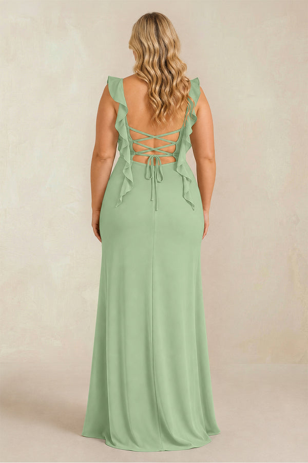 Matcha Ruffled Sleeve Ruched Sheath Chiffon Bridesmaid Dress (2) [sizeplus] | KISSBRIDAL
