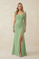 Matcha Ruffled Sleeve Ruched Sheath Chiffon Bridesmaid Dress | KISSBRIDAL