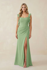 Matcha Ruffled Sleeve Ruched Sheath Chiffon Bridesmaid Dress | KISSBRIDAL