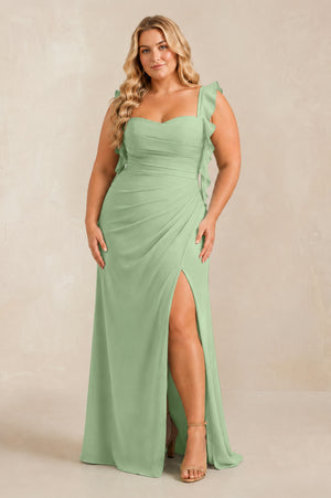 Matcha Ruffled Sleeve Ruched Sheath Chiffon Bridesmaid Dress [sizeplus] | KISSBRIDAL