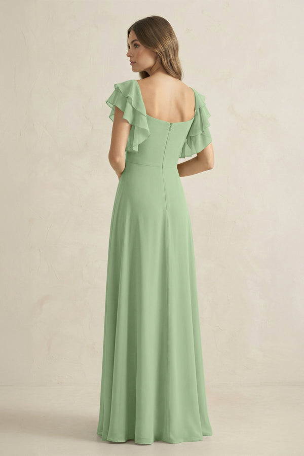 Matcha Ruffled Sleeves A-Line Chiffon Bridesmaid Dress (2) | KISSBRIDAL