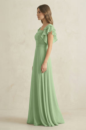 Matcha Ruffled Sleeves A-Line Chiffon Bridesmaid Dress (3) | KISSBRIDAL
