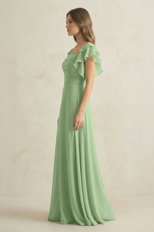 Matcha Ruffled Sleeves A-Line Chiffon Bridesmaid Dress (3) | KISSBRIDAL