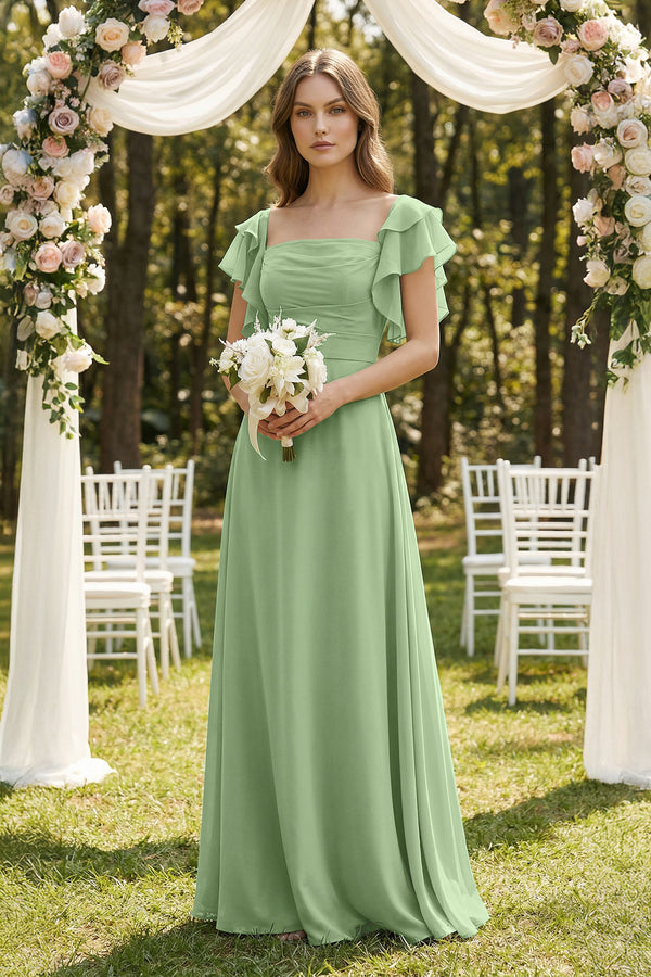 Matcha Ruffled Sleeves A-Line Chiffon Bridesmaid Dress (4) | KISSBRIDAL