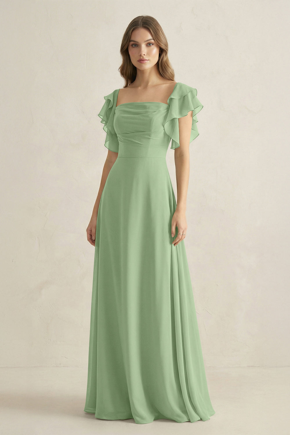 Ruffled Sleeves A-Line Chiffon Bridesmaid Dress in Matcha