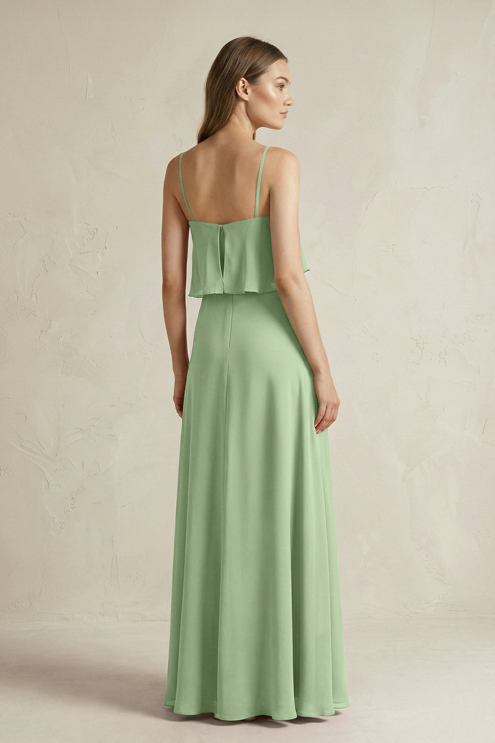 Ruffled Spaghetti Strap A-Line Chiffon Bridesmaid Dress in Matcha
