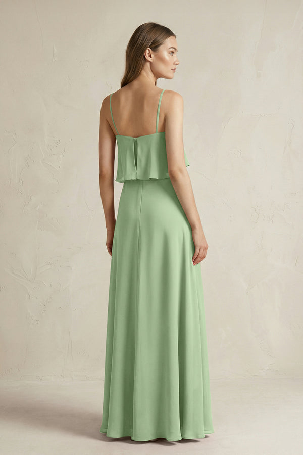 Matcha Ruffled Spaghetti Strap A-Line Chiffon Bridesmaid Dress in Matcha (2) | KISSBRIDAL
