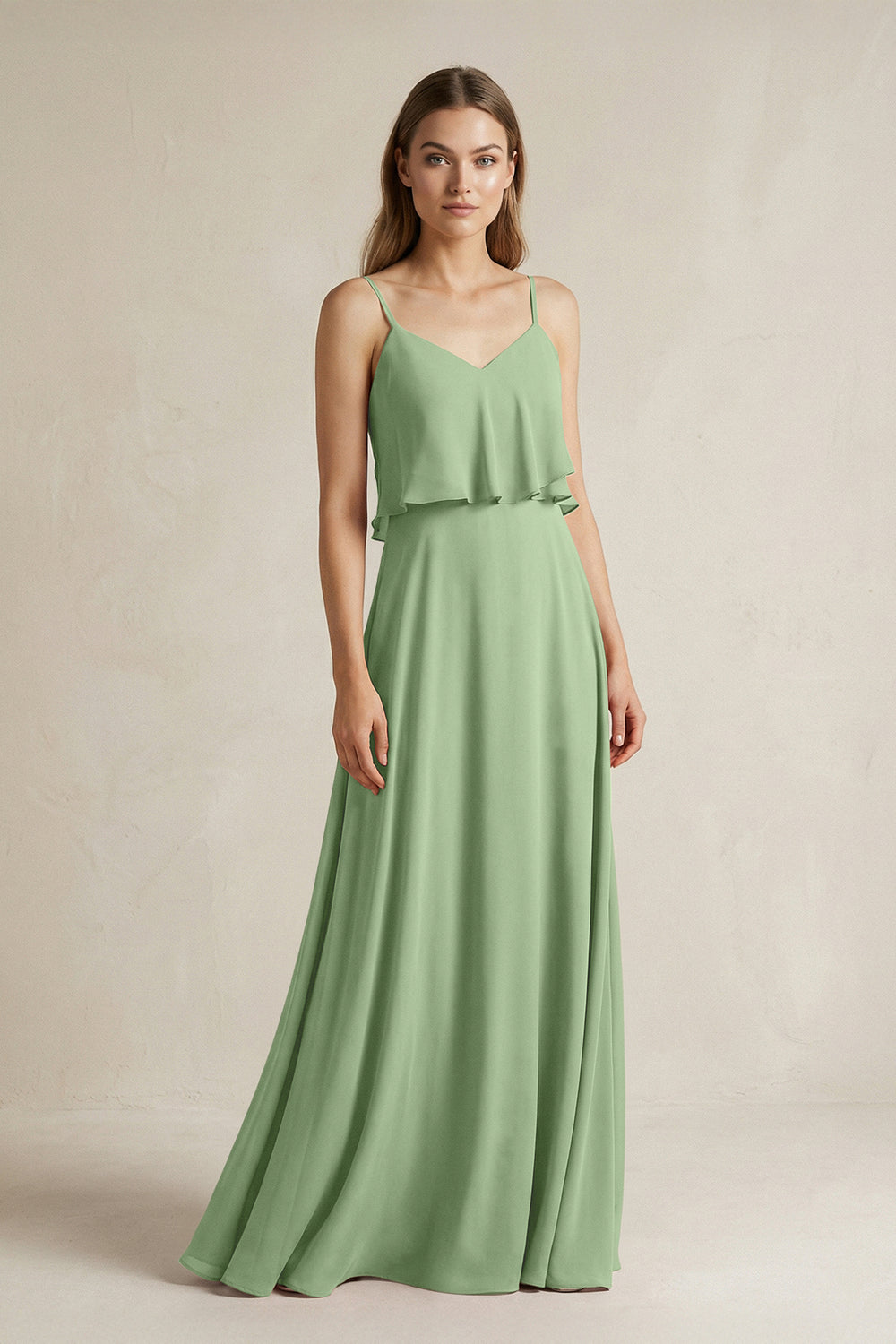 Ruffled Spaghetti Strap A-Line Chiffon Bridesmaid Dress in Matcha