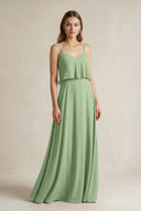 Matcha Ruffled Spaghetti Strap A-Line Chiffon Bridesmaid Dress in Matcha | KISSBRIDAL