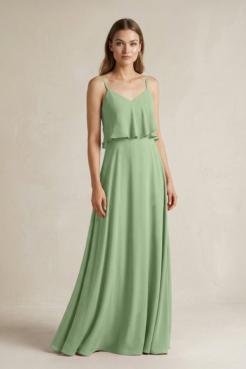 Matcha Ruffled Spaghetti Strap A-Line Chiffon Bridesmaid Dress in Matcha | KISSBRIDAL
