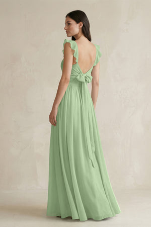 Matcha Ruffled Spaghetti Strap Chiffon A-Line Bridesmaid Dress (2) | KISSBRIDAL