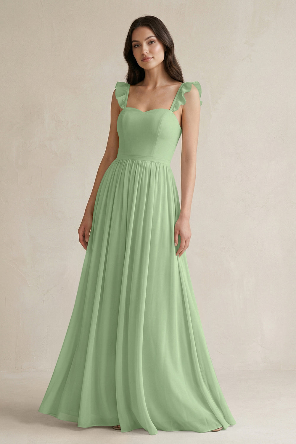 Ruffled Spaghetti Strap Chiffon A-Line Bridesmaid Dress in Matcha