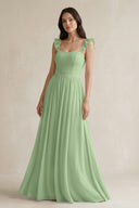 Matcha Ruffled Spaghetti Strap Chiffon A-Line Bridesmaid Dress | KISSBRIDAL