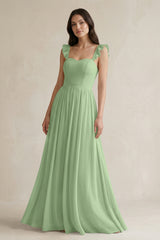 Matcha Ruffled Spaghetti Strap Chiffon A-Line Bridesmaid Dress | KISSBRIDAL