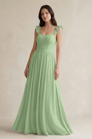 Matcha Ruffled Spaghetti Strap Chiffon A-Line Bridesmaid Dress | KISSBRIDAL