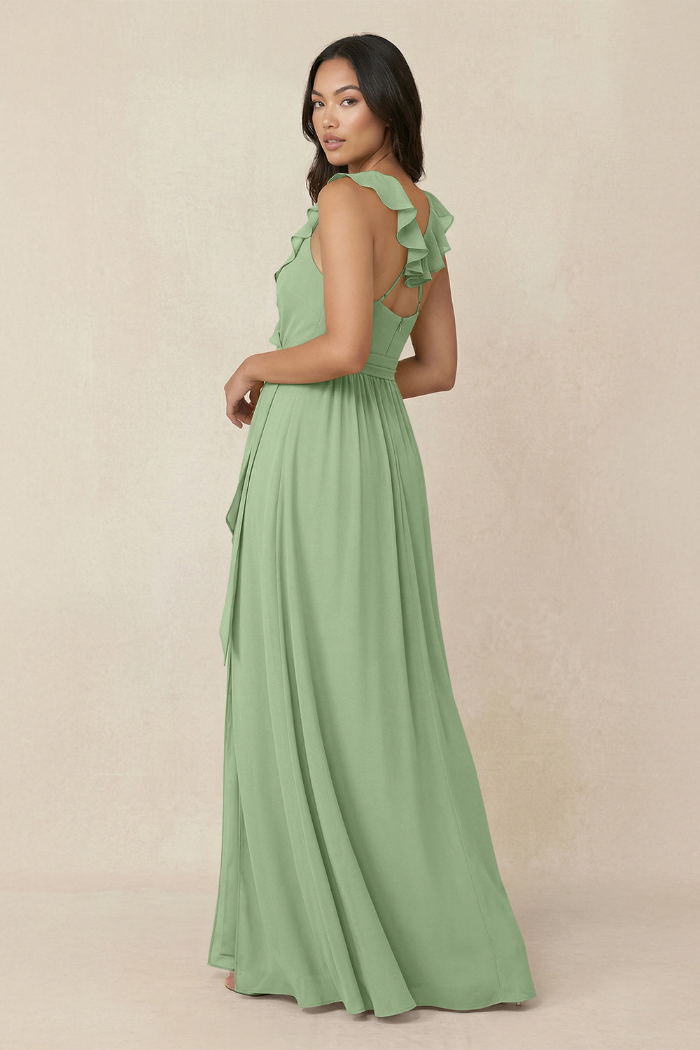 Ruffled V-Neck A-Line Chiffon Bridesmaid Dress in Matcha