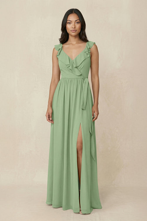 Matcha Ruffled V-Neck A-Line Chiffon Bridesmaid Dress | KISSBRIDAL