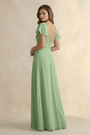 Matcha Ruffled V-Neck Chiffon A-Line Bridesmaid Dress (2) | KISSBRIDAL
