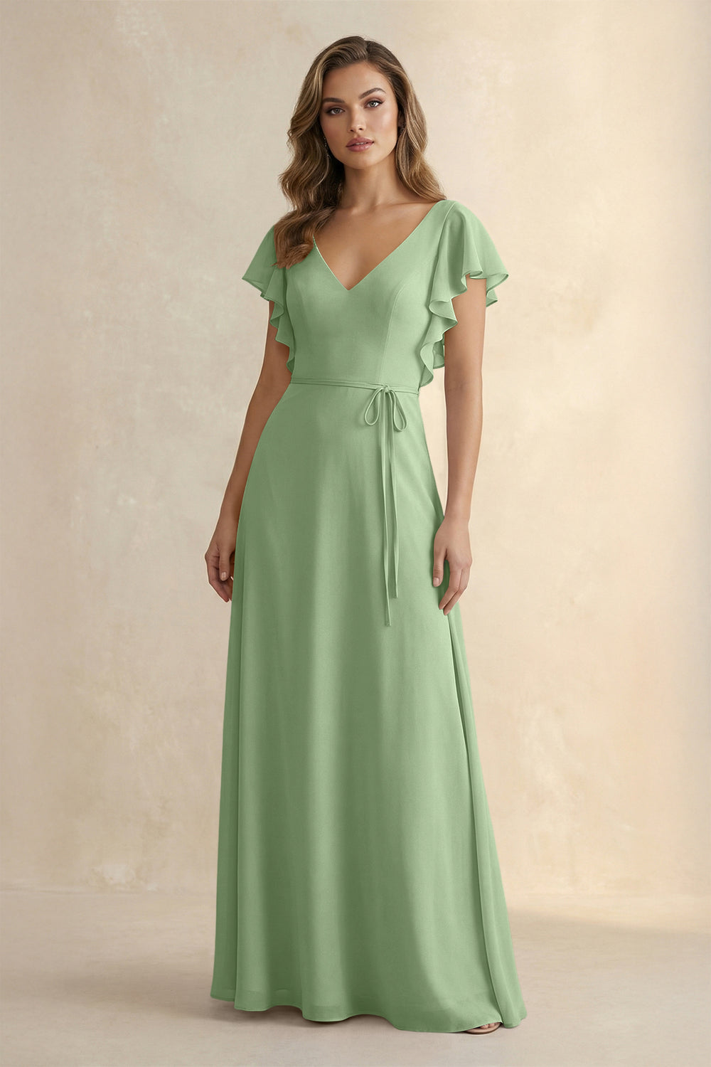 Ruffled V-Neck Chiffon A-Line Bridesmaid Dress in Matcha