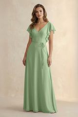Matcha Ruffled V-Neck Chiffon A-Line Bridesmaid Dress | KISSBRIDAL
